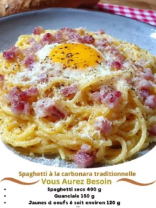 Plate of traditional carbonara spaghetti with creamy sauce and pancetta