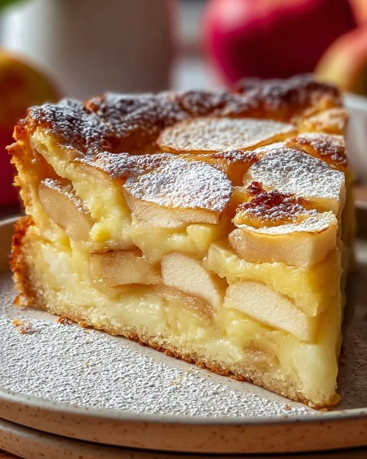 Slice of traditional German Apple Custard Cake with vanilla cream on a plate