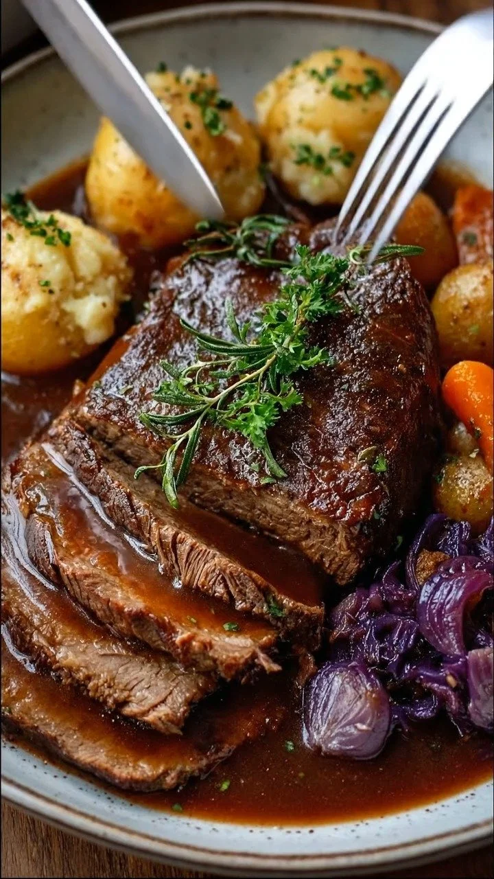 Delicious traditional Sauerbraten served with red cabbage and potatoes