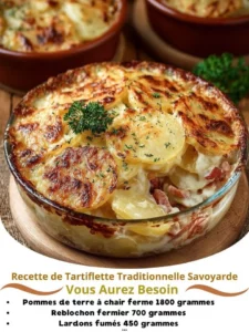 Delicious traditional Savoyard Tartiflette made with potatoes, cheese, and bacon.
