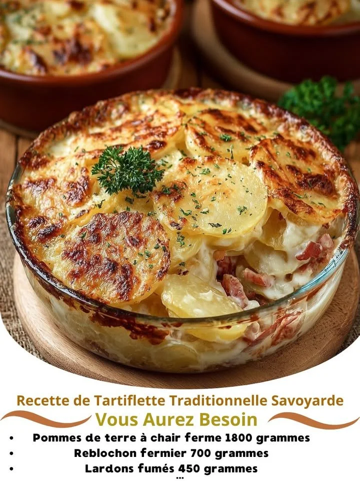 Delicious traditional Savoyard Tartiflette made with potatoes, cheese, and bacon.