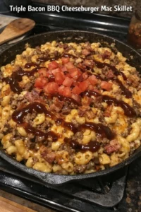 Triple Bacon BBQ Cheeseburger Mac Skillet with melted cheese and crispy bacon.