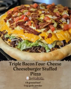 Triple Bacon Four-Cheese Cheeseburger Stuffed Pizza with crispy bacon and cheese