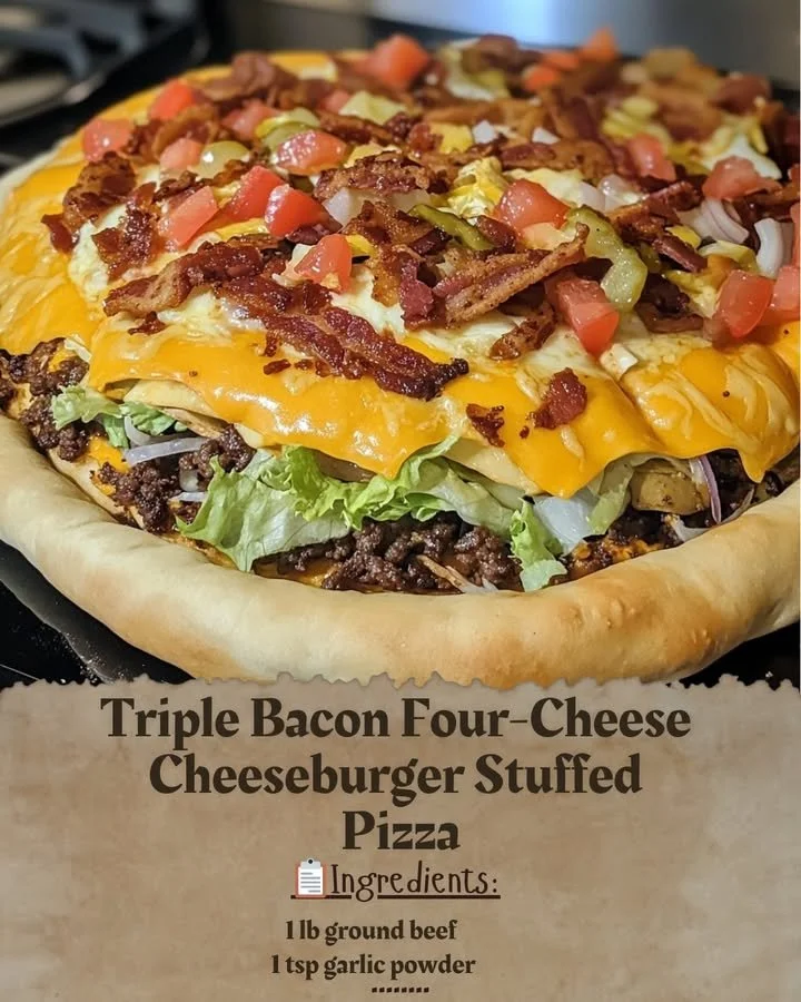 Triple Bacon Four-Cheese Cheeseburger Stuffed Pizza with crispy bacon and cheese