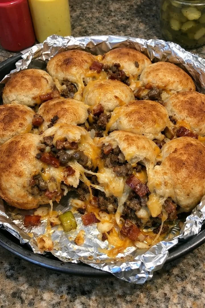 Triple-cheese bacon burger stuffed biscuit pull-aparts on a wooden table