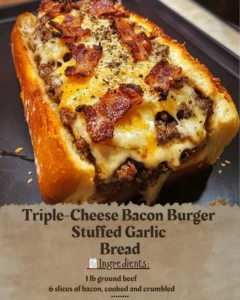 Triple-cheese bacon burger stuffed in garlic bread, a delicious gourmet treat