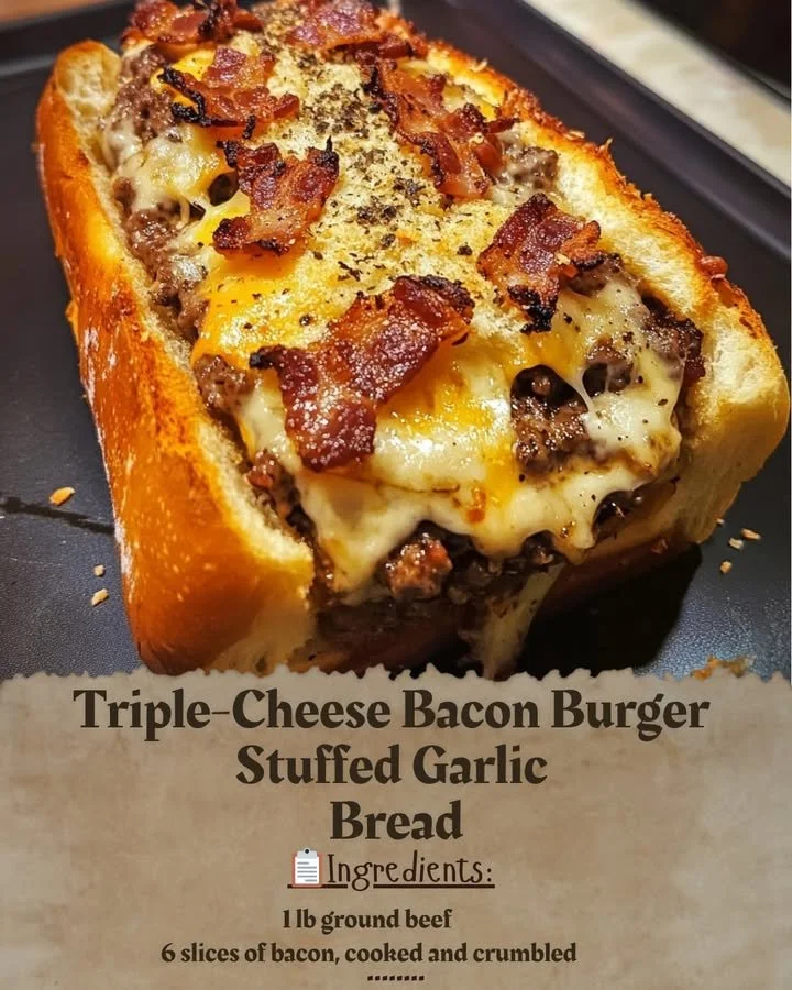 Triple-cheese bacon burger stuffed in garlic bread, a delicious gourmet treat