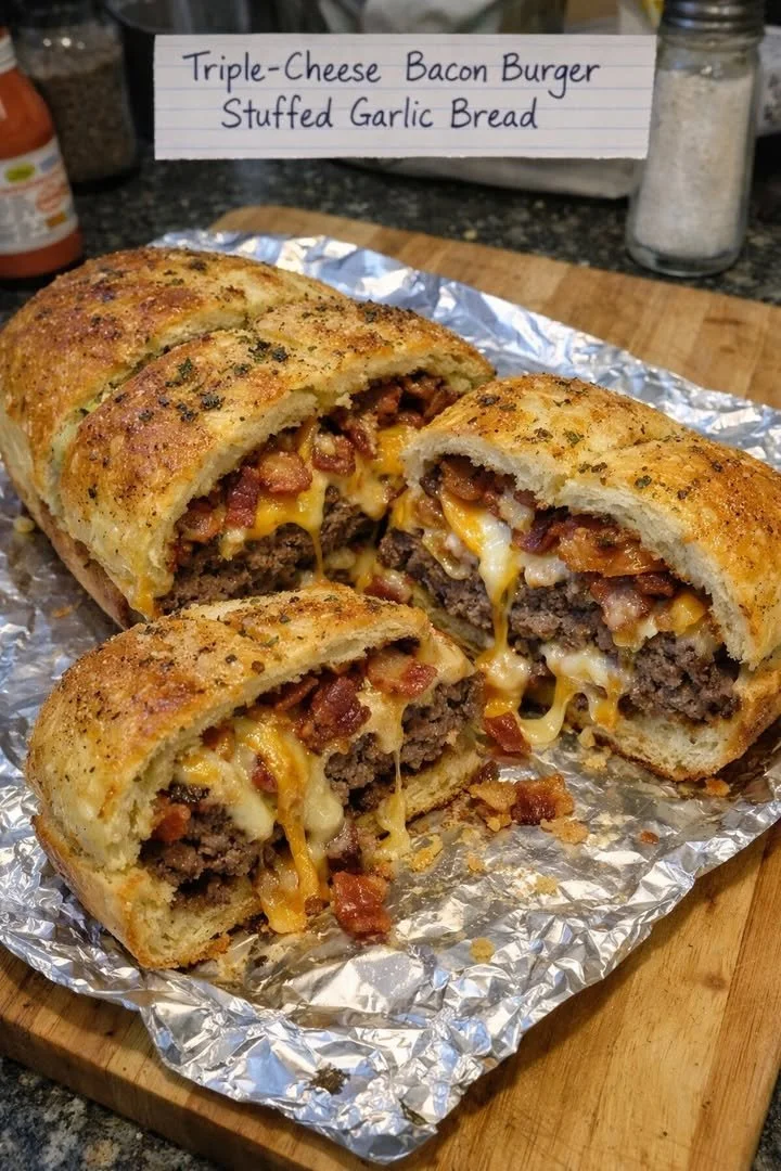 Triple-cheese bacon burger stuffed in garlic bread