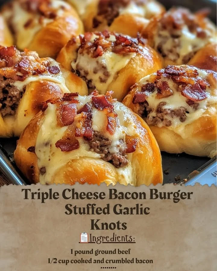 Triple Cheese Bacon Burger with stuffed garlic knots for a delicious meal.
