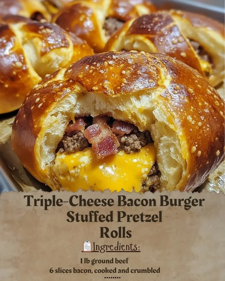 Triple-Cheese Bacon Burger Stuffed Pretzel Rolls