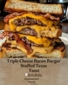 Triple Cheese Bacon Burger on Texas Toast with melted cheese and crispy bacon