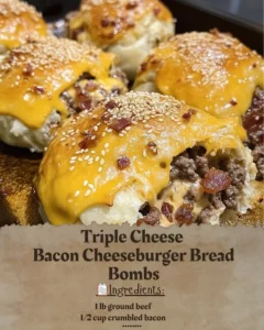 Triple Cheese Bacon Cheeseburger Bread Bombs with melted cheese and crispy bacon