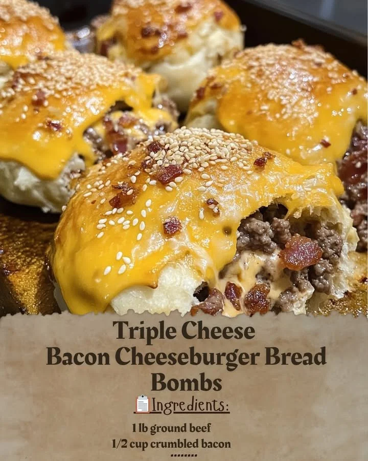 Triple Cheese Bacon Cheeseburger Bread Bombs with melted cheese and crispy bacon