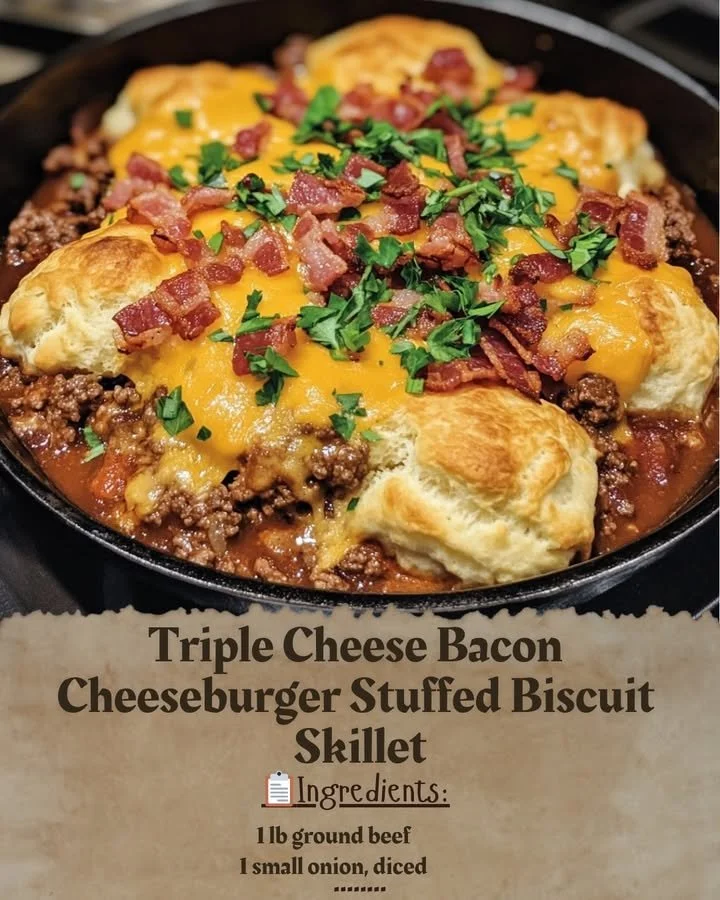 Triple Cheese Bacon Cheeseburger Stuffed Biscuit Skillet