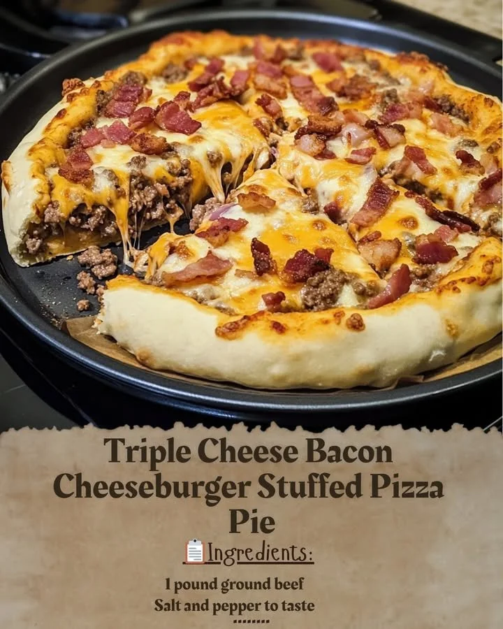 Triple cheese bacon cheeseburger stuffed pizza pie freshly baked and ready to serve