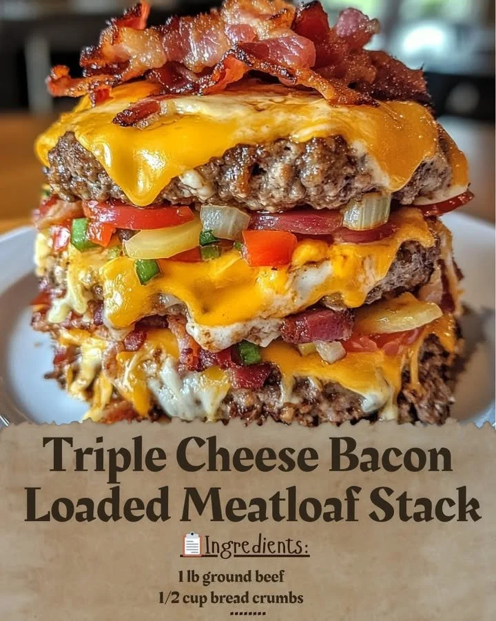 Triple Cheese Bacon Loaded Meatloaf Stack with melted cheese and crispy bacon