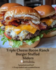 Triple Cheese Bacon Ranch Burger Stuffed Sliders with melted cheese and crispy bacon.