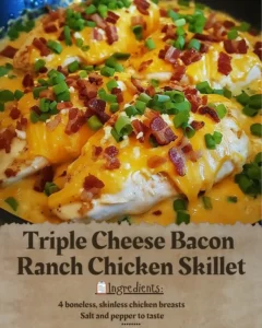 Triple Cheese Bacon Ranch Chicken Skillet with melted cheese and crispy bacon