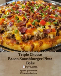 Triple Cheese Bacon Smashburger Pizza Bake showcasing layers of cheese and crispy bacon