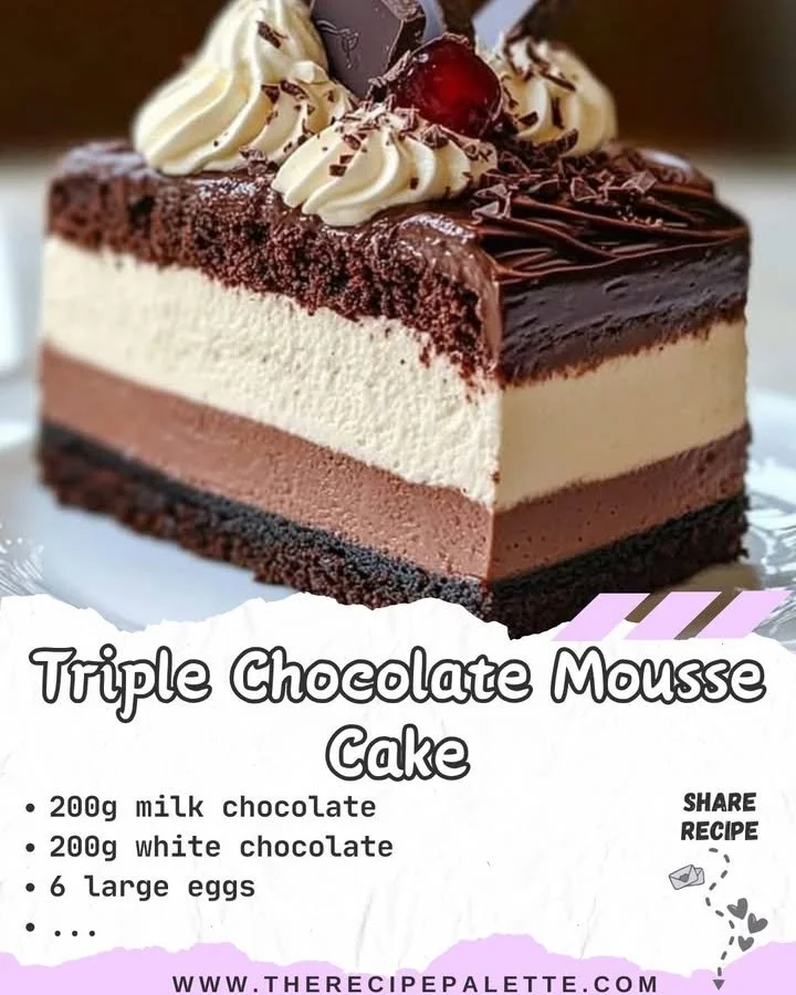 Deliciously layered Triple Chocolate Mousse Cake topped with chocolate shavings.