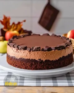 Delicious triple chocolate mousse cake topped with chocolate shavings.