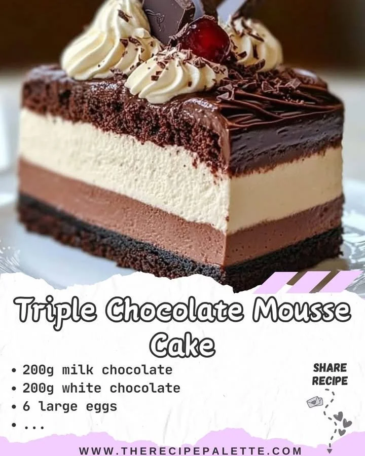 Delicious Triple Chocolate Mousse Cake with layers of rich chocolate