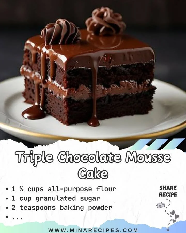 Triple Chocolate Mousse Cake with rich chocolate layers and whipped topping