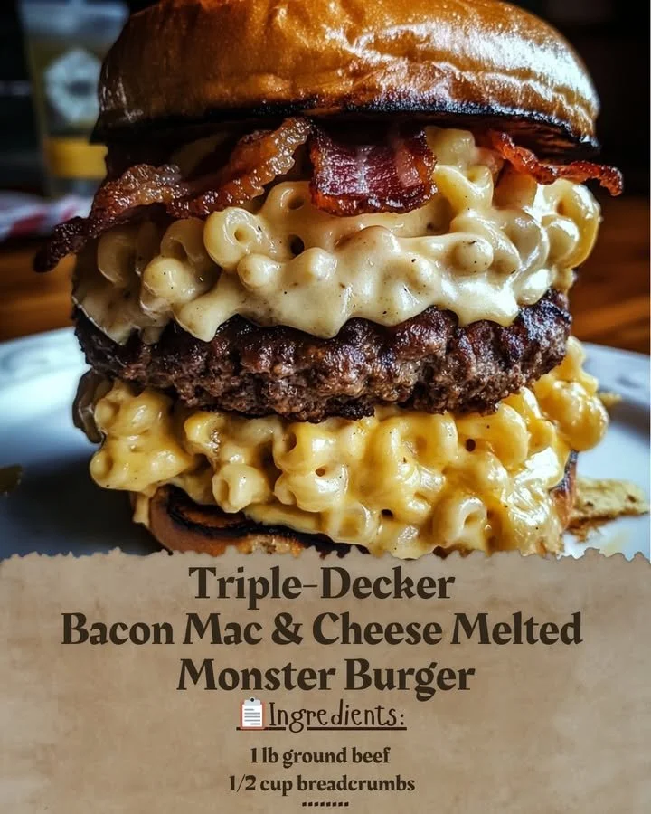 Triple-Decker Bacon Mac & Cheese Melted Monster Burger with layers of cheesy goodness