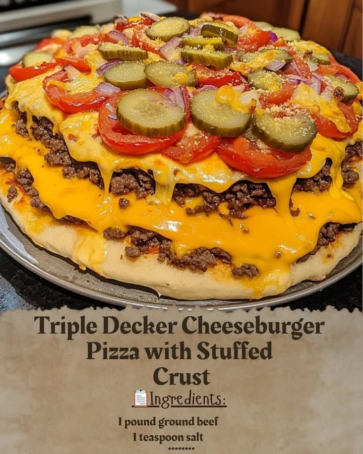 Triple Decker Cheeseburger Pizza with Stuffed Crust topped with fresh ingredients