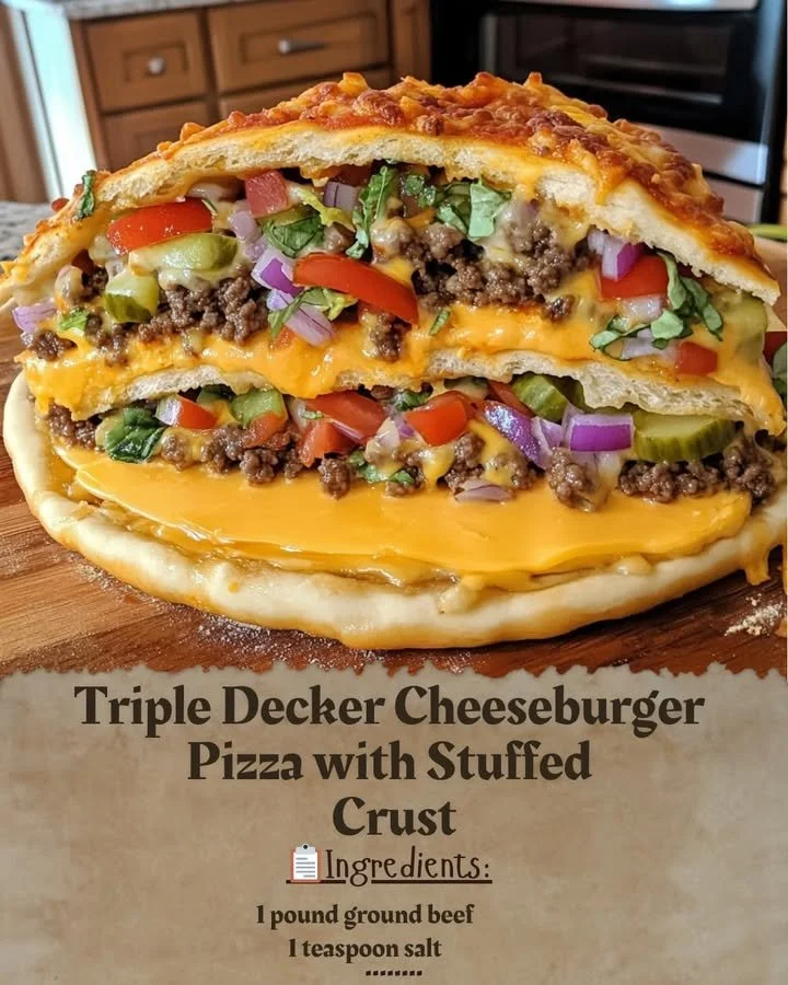 Triple Decker Cheeseburger Pizza with Stuffed Crust showcasing layers of flavor