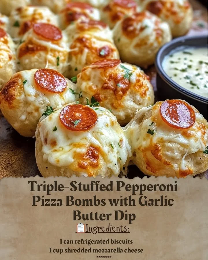 Triple-Stuffed Pepperoni Pizza Bombs with Garlic Butter Dip