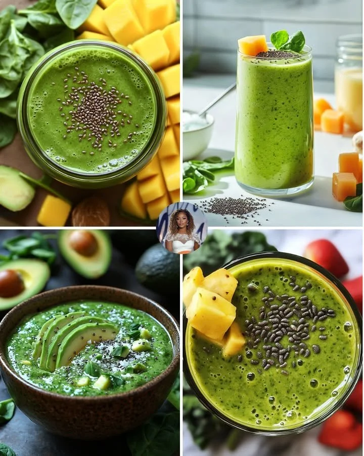 A vibrant Tropical Green Detox Smoothie with fresh ingredients in a glass.