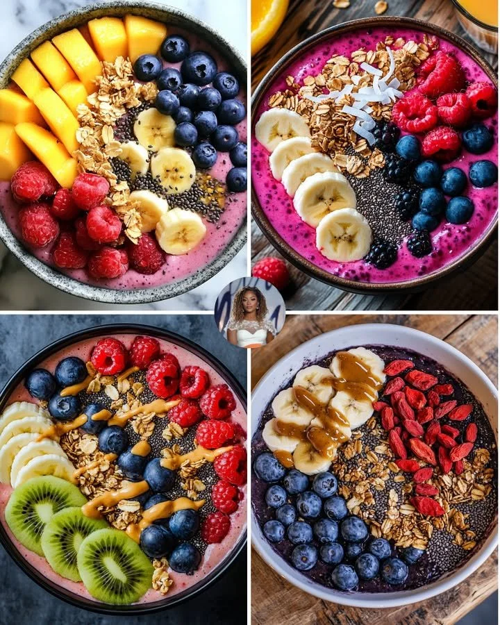 Delicious tropical mango and berry smoothie bowl topped with fresh fruits.