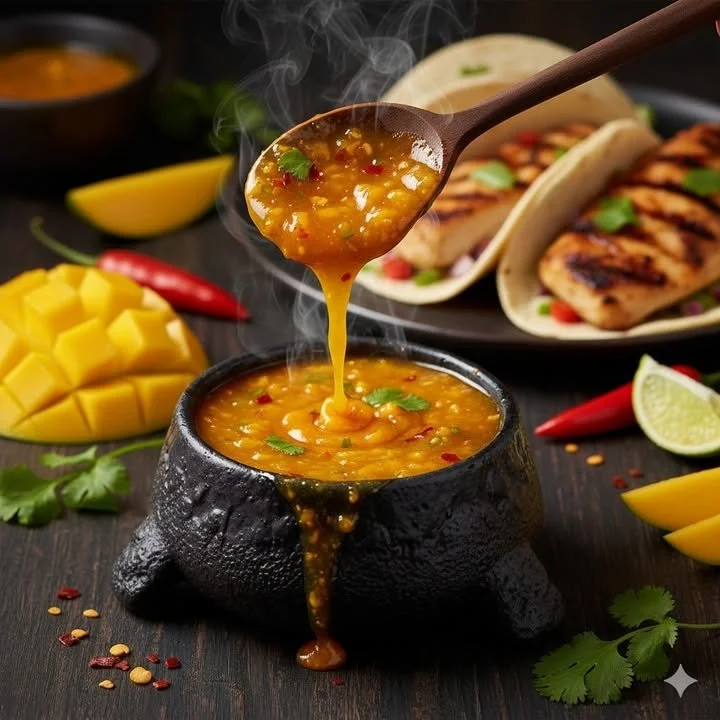 Tropical Mango-Ghost Pepper Volcano Sauce - vibrant and spicy condiment for any meal