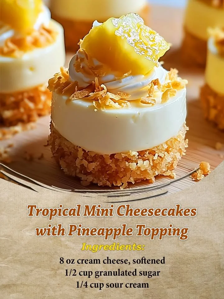 Tropical mini cheesecakes with pineapple topping on a plate