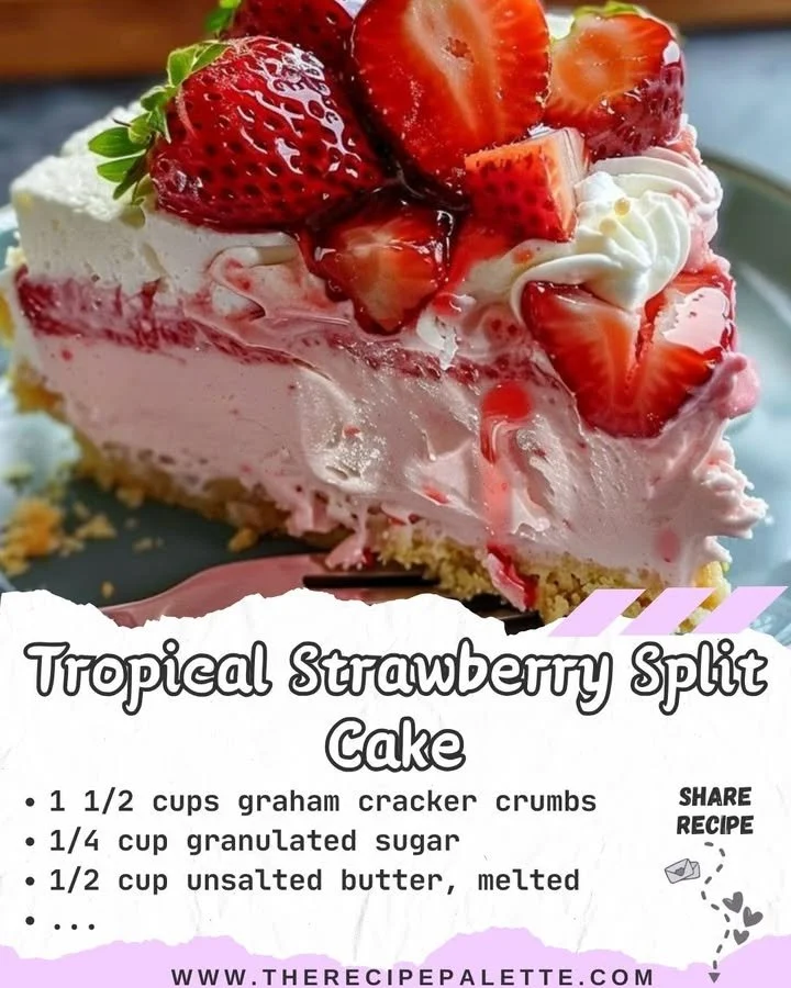 Tropical Strawberry Split Cake decorated with fresh strawberries and tropical fruits.