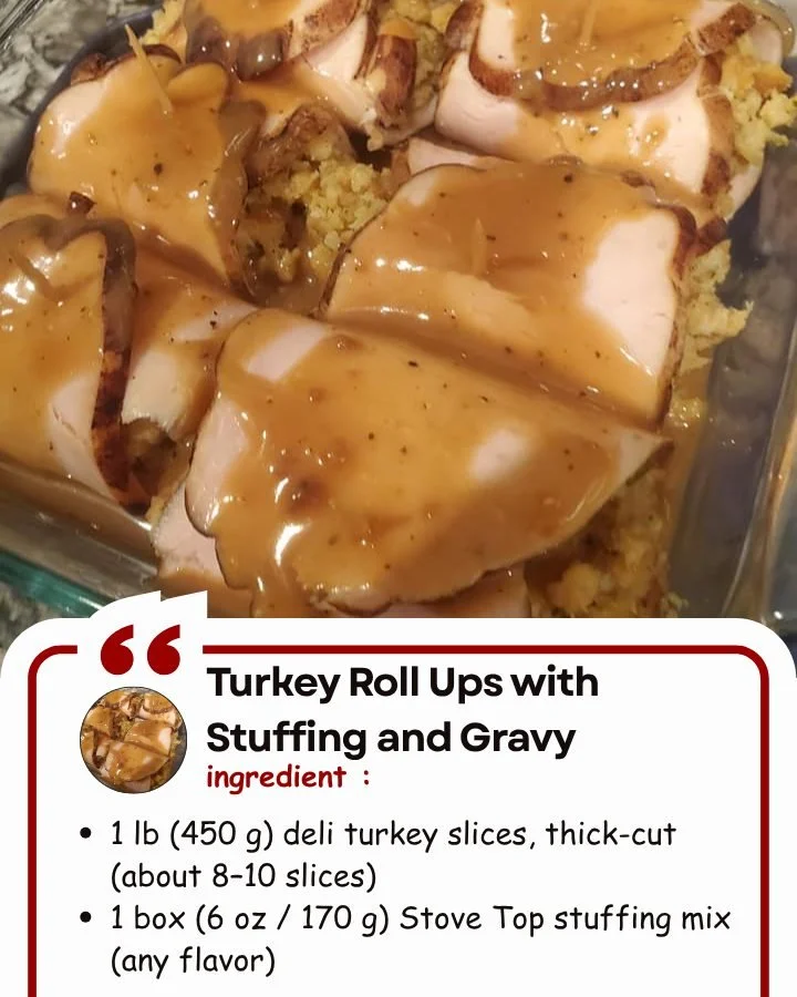 Succulent turkey roll ups filled with stuffing and gravy, ready to serve.
