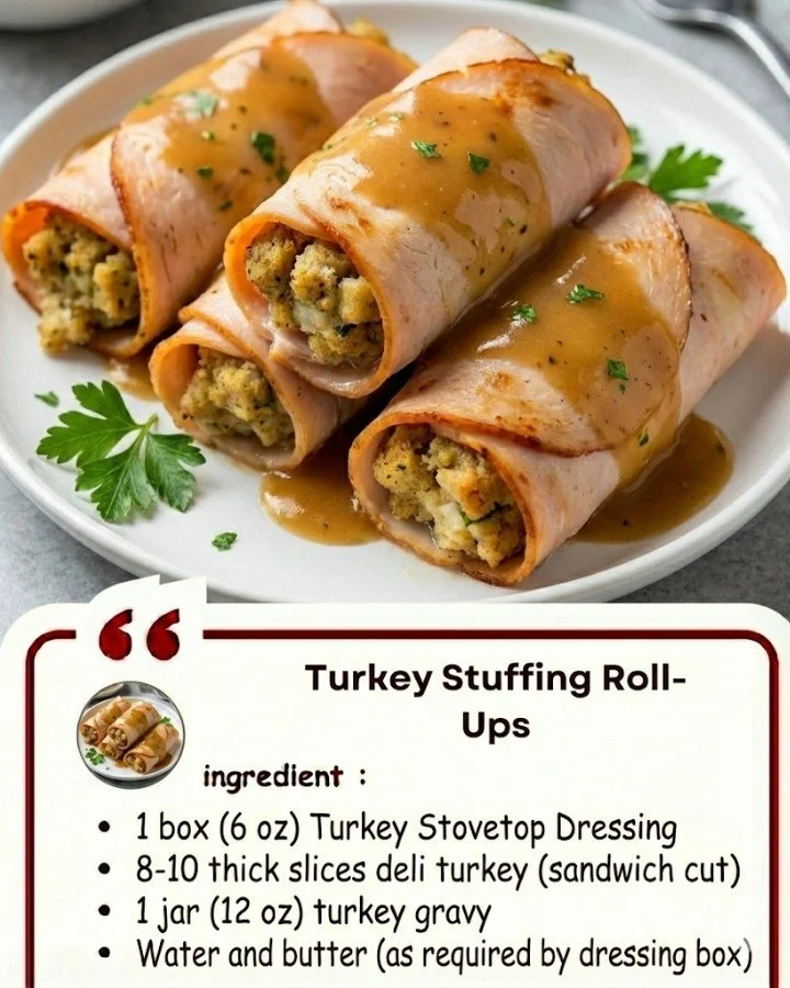 Turkey Stuffing Roll-Ups served on a plate with garnish