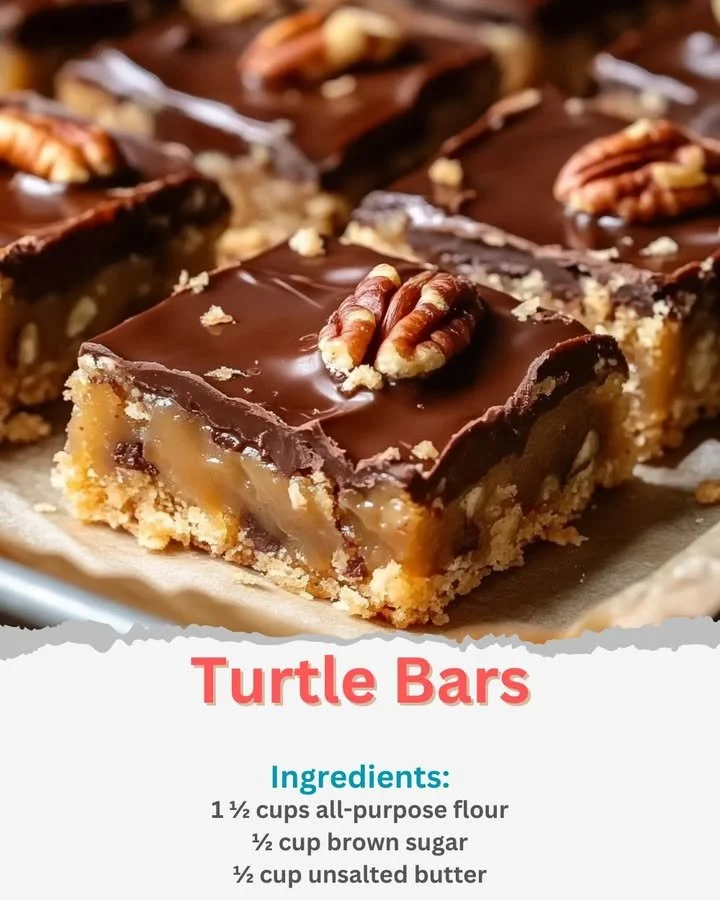 Homemade Turtle Bars with chocolate, caramel, and pecans on a plate