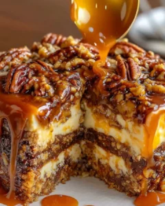 Delicious Turtle Caramel Cake with layers of caramel, chocolate, and nuts