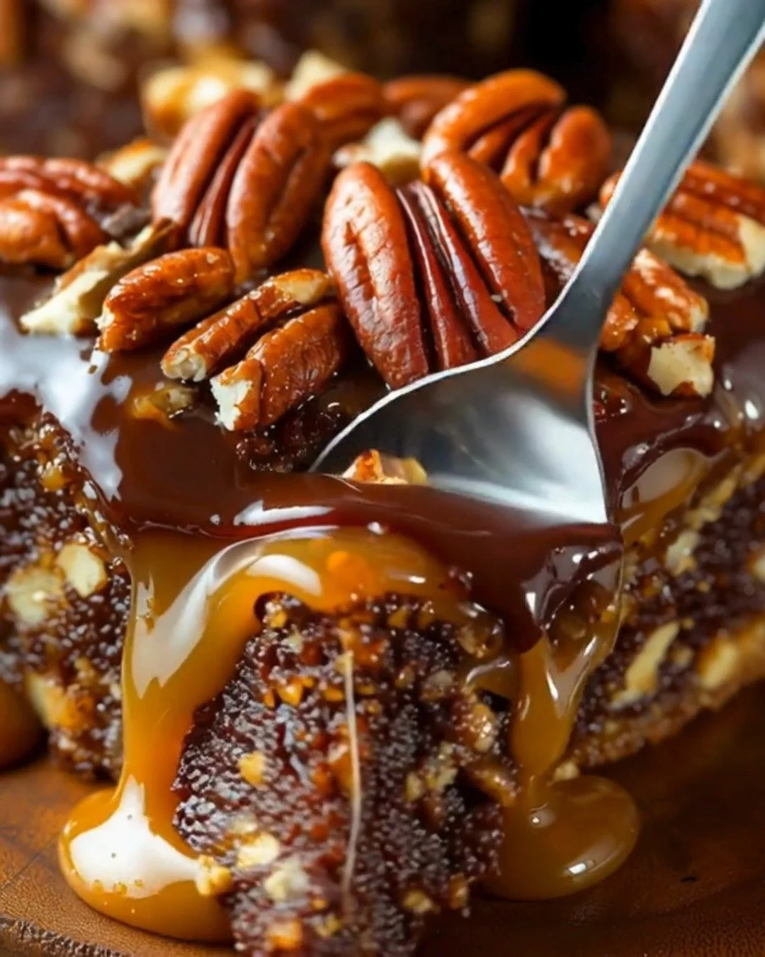 Delicious Turtle Texas Sheet Cake with fudge, caramel, and pecans