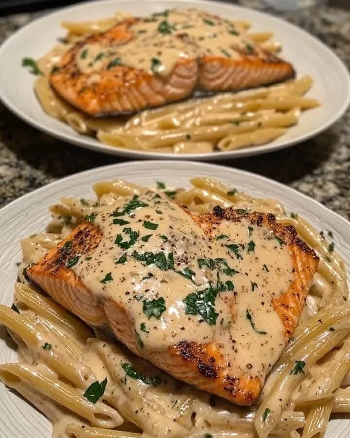 Plate of Tuscan Salmon served with creamy garlic Alfredo penne pasta