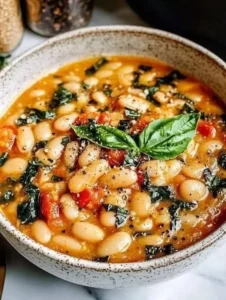 A bowl of cooked Tuscan White Beans garnished with herbs and olive oil