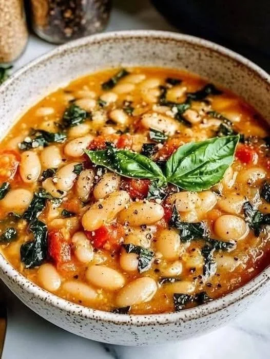 A bowl of cooked Tuscan White Beans garnished with herbs and olive oil