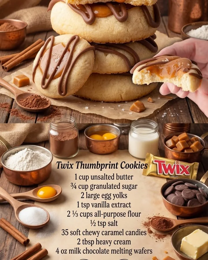 Delicious Twix thumbprint cookies topped with caramel and chocolate