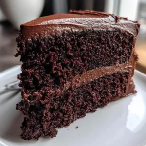 Two-layer classic chocolate cake with rich chocolate frosting on a white plate