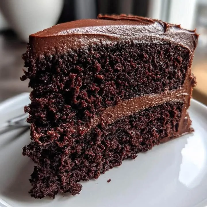 Two-layer classic chocolate cake with rich chocolate frosting on a white plate