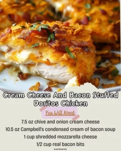 Cheesy bacon chicken baked with Dorito crust for a flavorful meal.