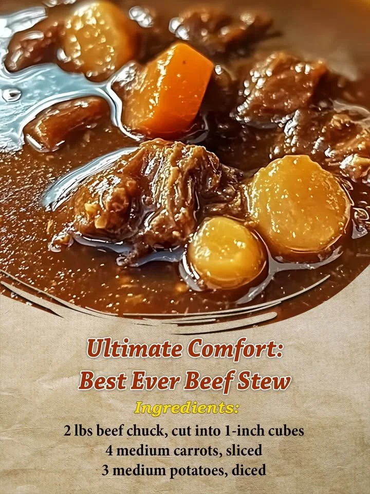 Bowl of hearty beef stew with vegetables and herbs.