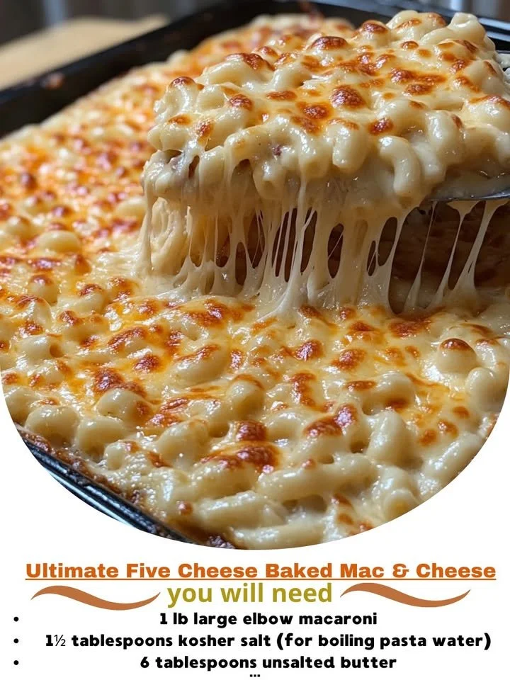Ultimate Five Cheese Baked Mac & Cheese in a cheesy, golden-brown dish